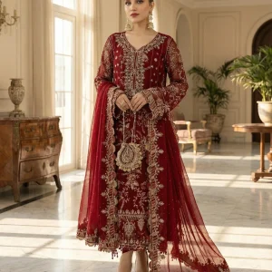 Crimson Maharani – Maria B. Hand-Embellished Chiffon Edition