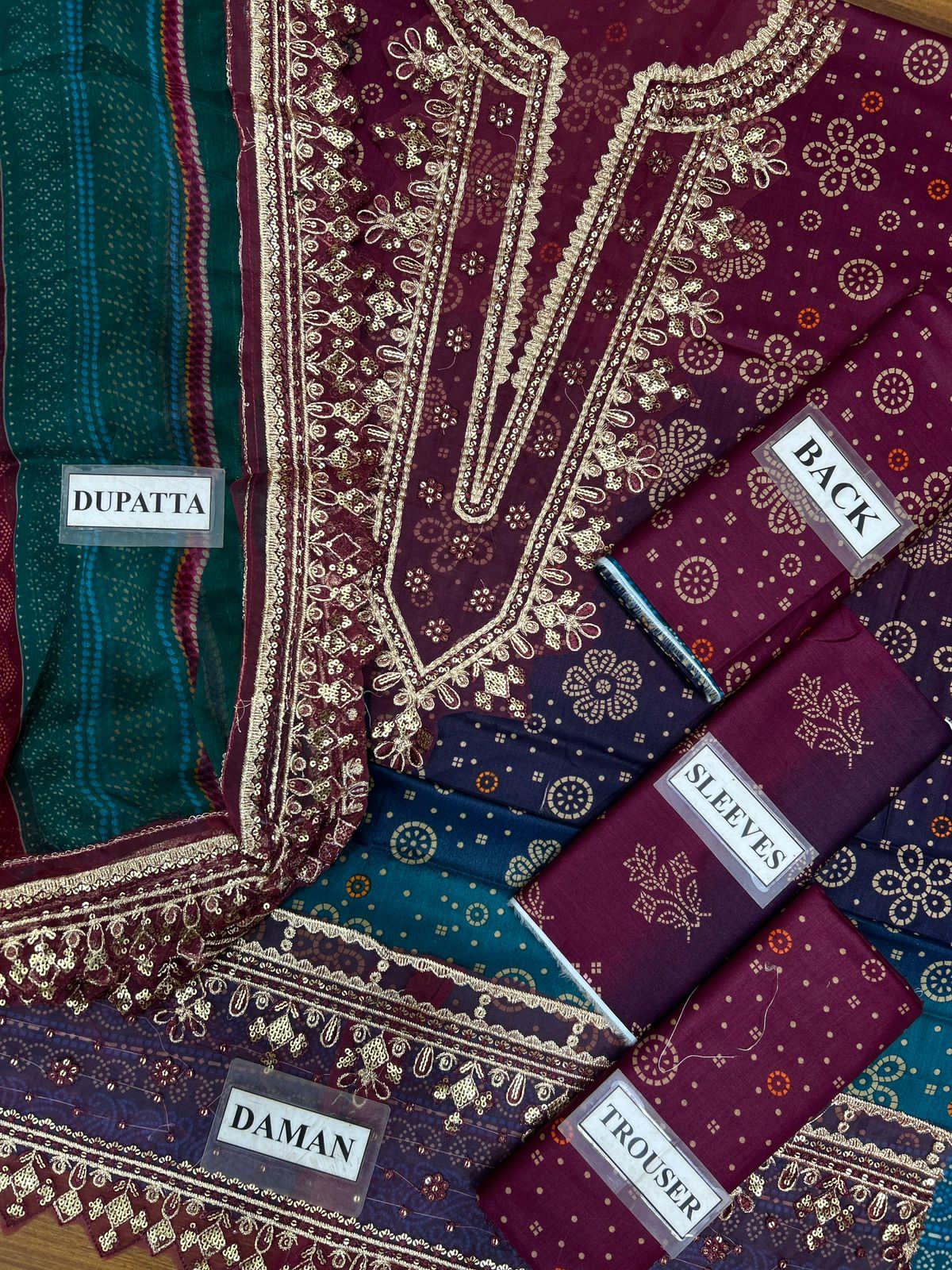 Maroon & Teal Embroidered Luxury Lawn Suit - Image 2
