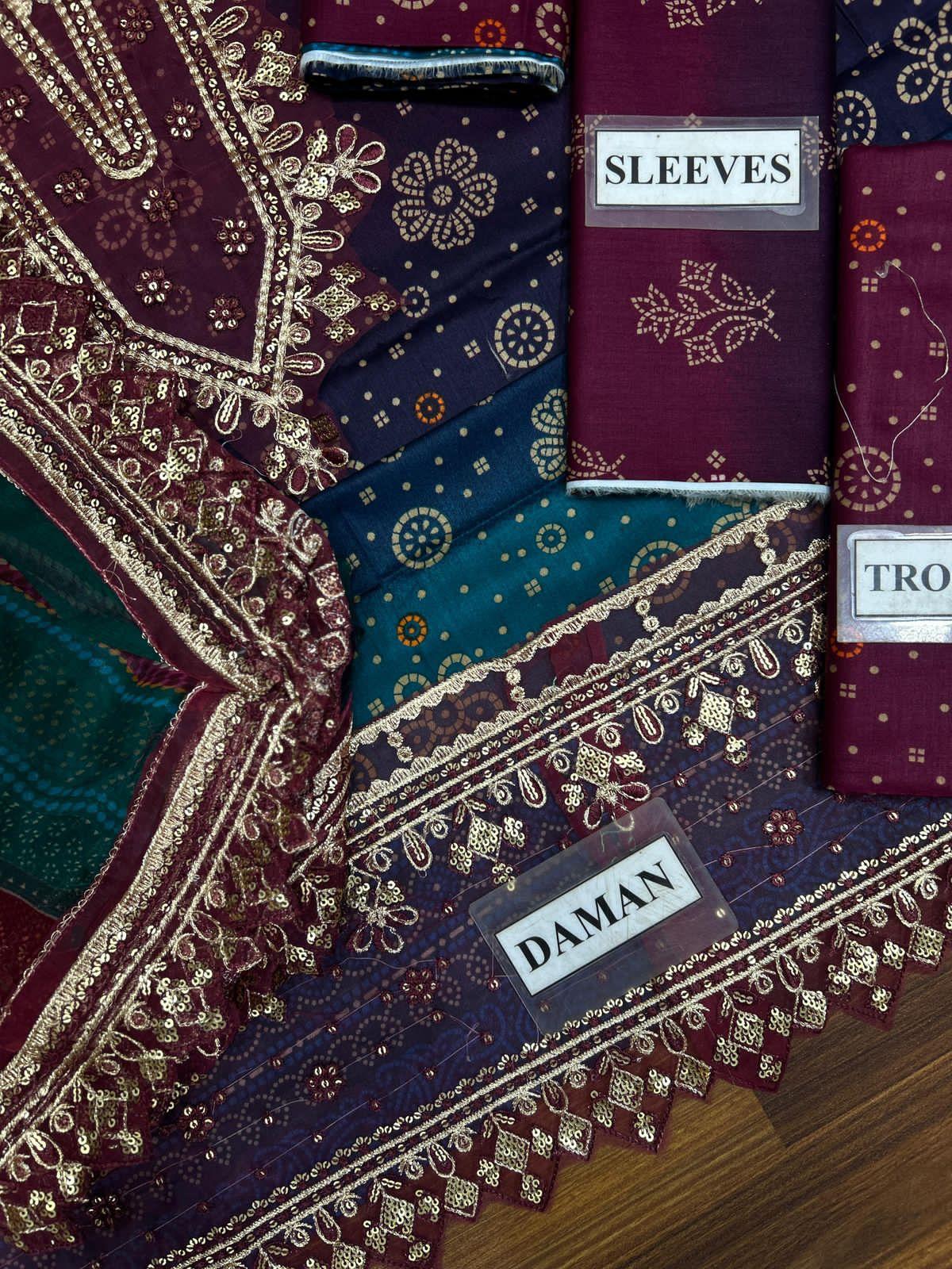 Maroon & Teal Embroidered Luxury Lawn Suit - Image 3
