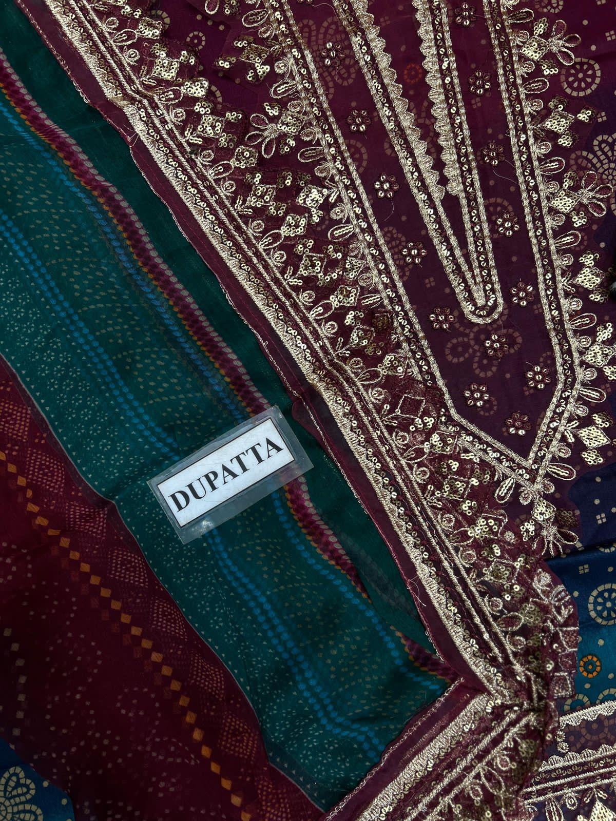 Maroon & Teal Embroidered Luxury Lawn Suit - Image 4