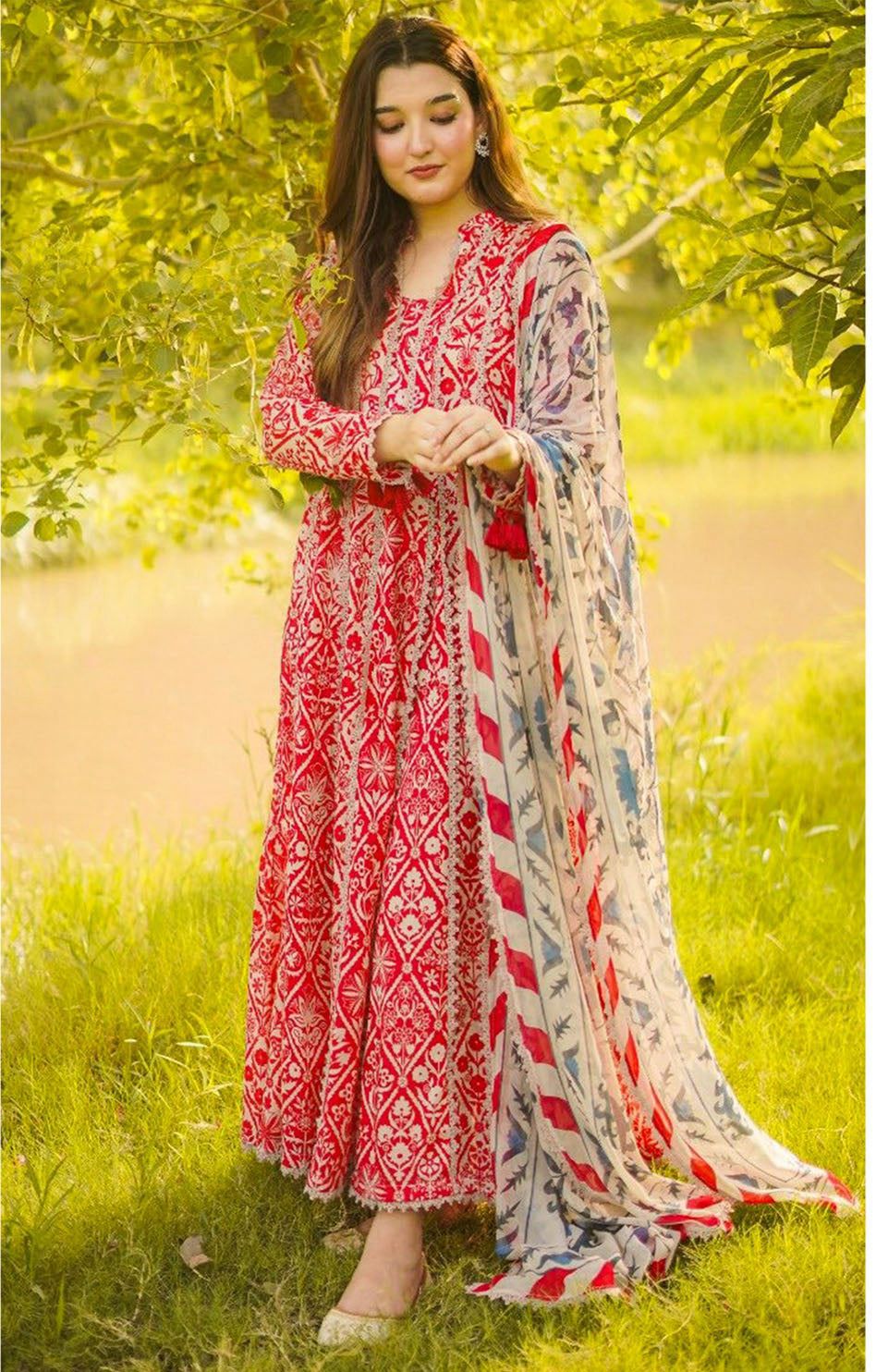 Classic Red & White Printed Lawn Suit