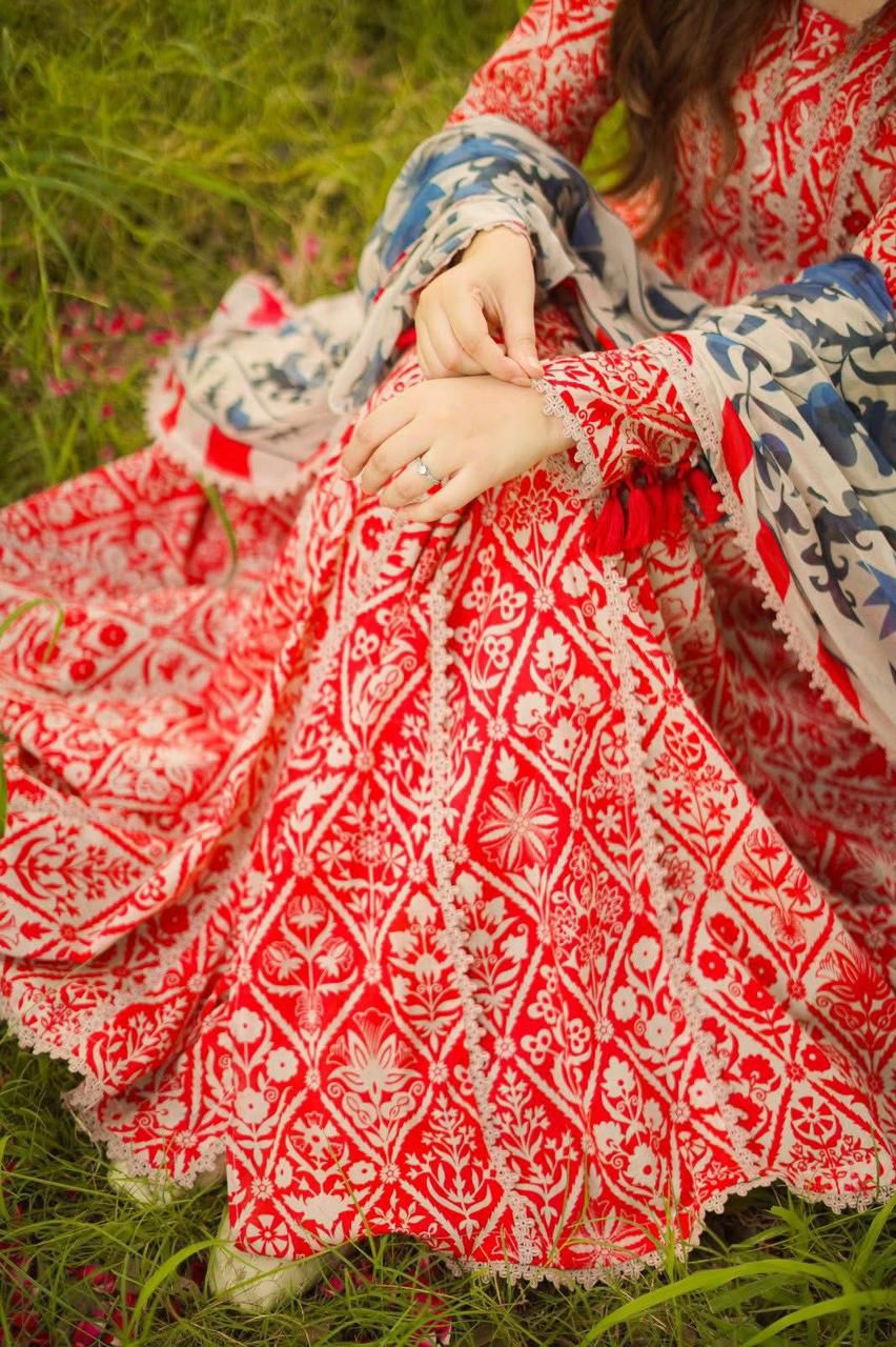 Classic Red & White Printed Lawn Suit - Image 4